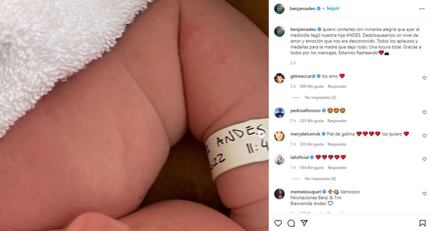 Benjamín Amadeo y los saludos de los famosos ante la llegada de su hija Andes. ¿Lali habrá borrado su mensaje?