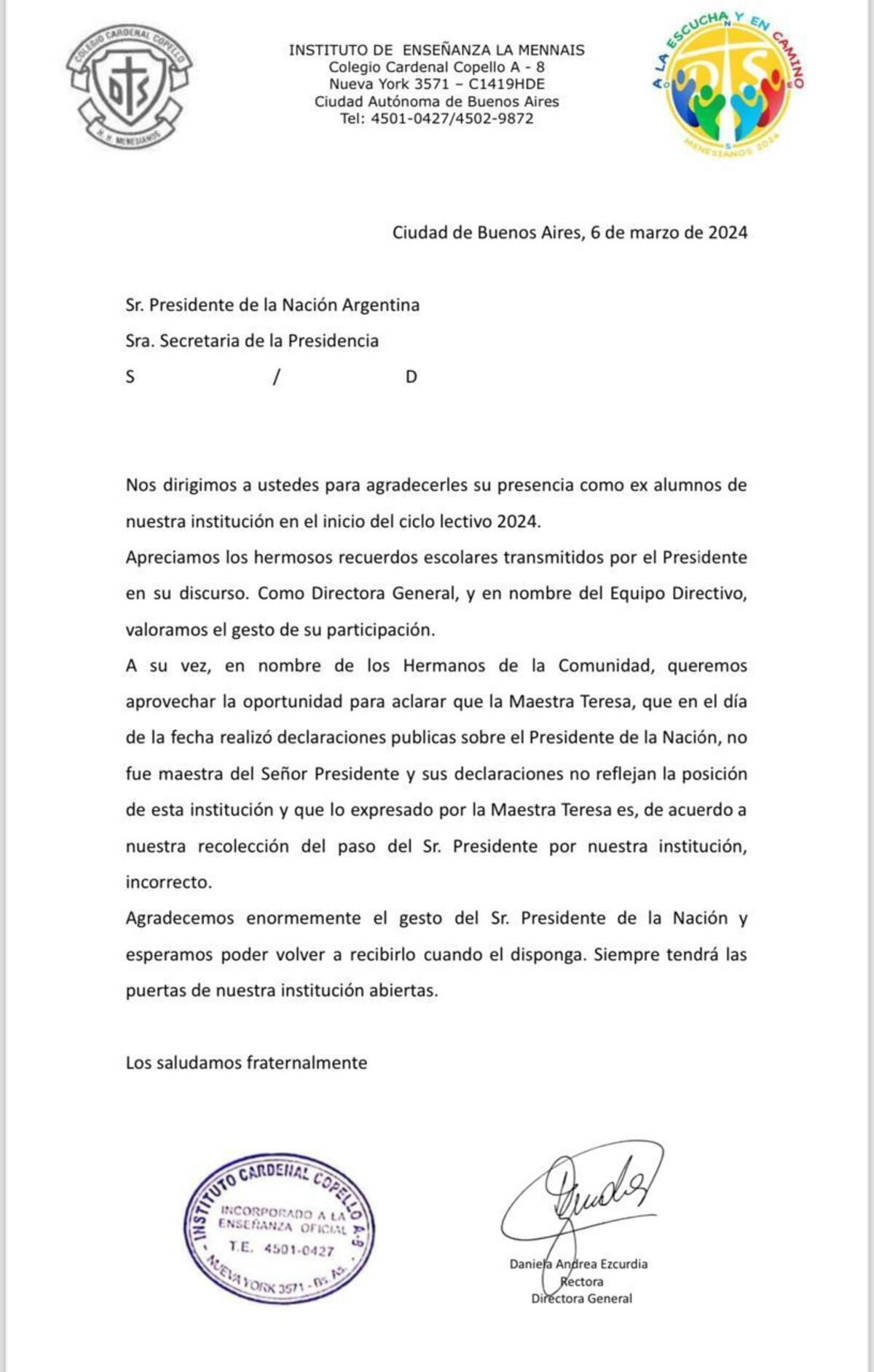 Comunicado del colegio donde Milei cursó sus estudios sobre la maestra que hizo un reclamo.