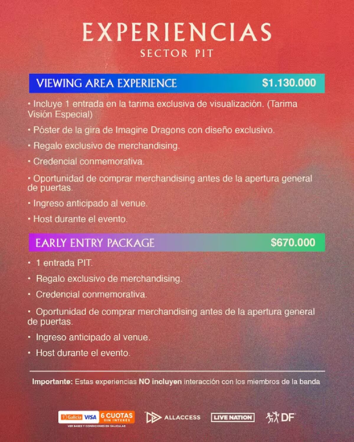 Los precios VIP de Imagine Dragons.