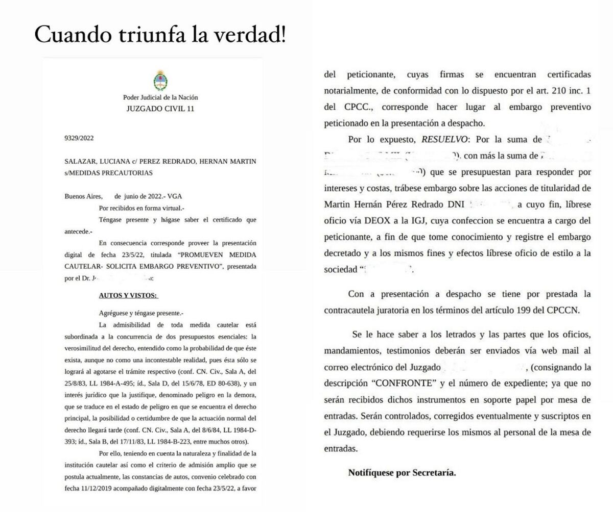 El oficio judicial que determina el embargo de Redrado.