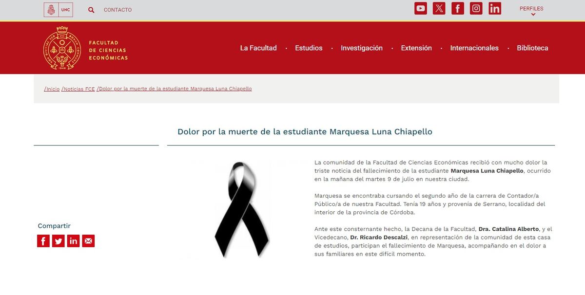 Despedida. El comunicado que difundió la Facultad de Ciencias Económicas de la UNC.