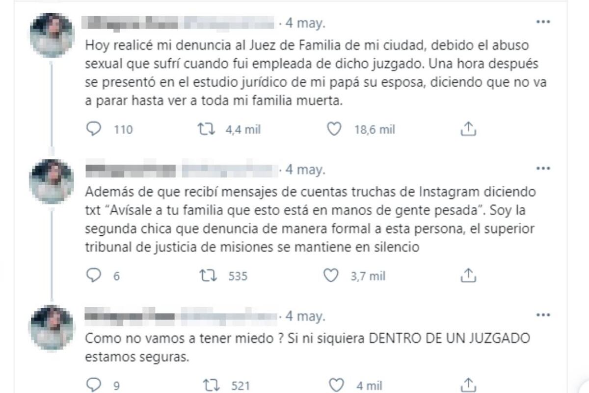 Una de las denunciantes del juez Fragueiro denunció amenazas a su familia (Twitter).