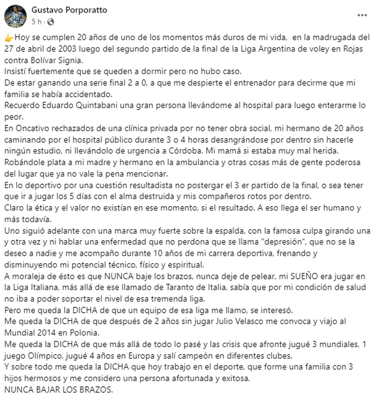 El sentido y conmovedor texto de Gustavo Porporatto sobre la tragedia en la que fallecieron su mamá y su hermano, hace 20 años. (Facebook Gustavo Porporatto)