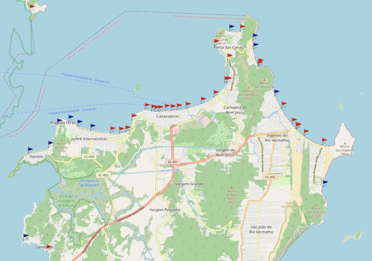 Florianópolis. Las banderas rojas señalan los lugares no aptos para meterse. (IMA)