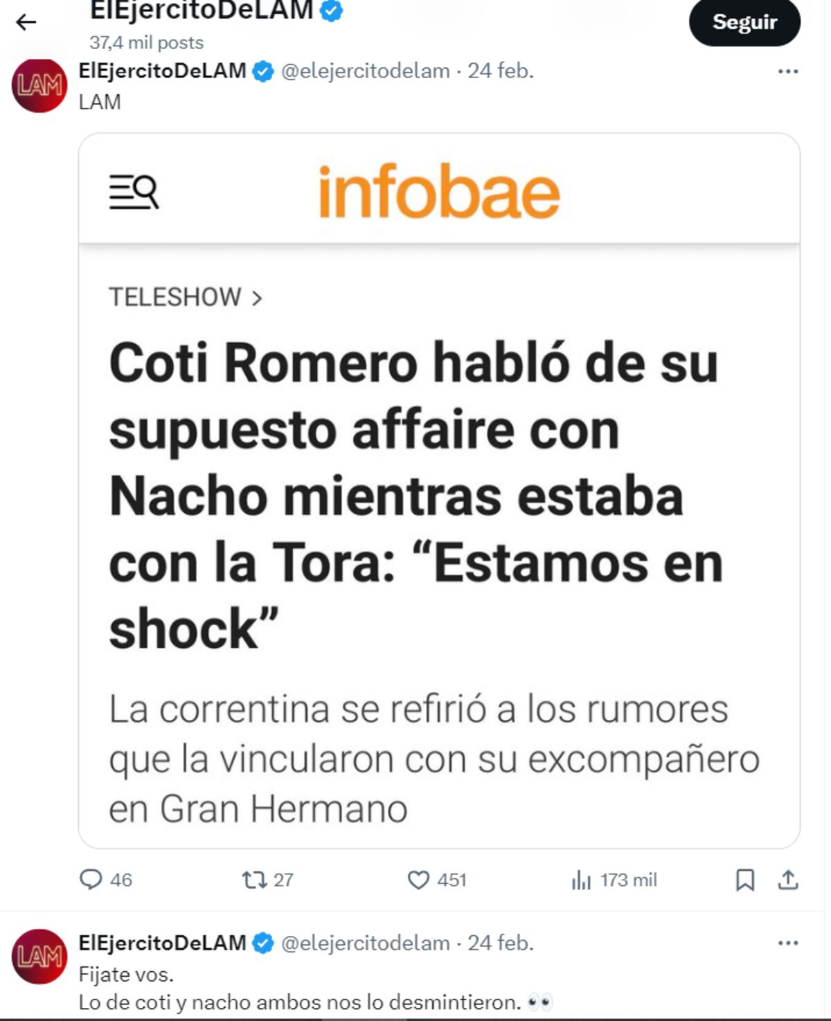 "El ejército de LAM" mostró un video de un beso entre Nacho y Coti. Luego, recordó las declaraciones de la correntina cuando De Brito habló de una relación entre ambos. (Twitter El ejército de LAM)
