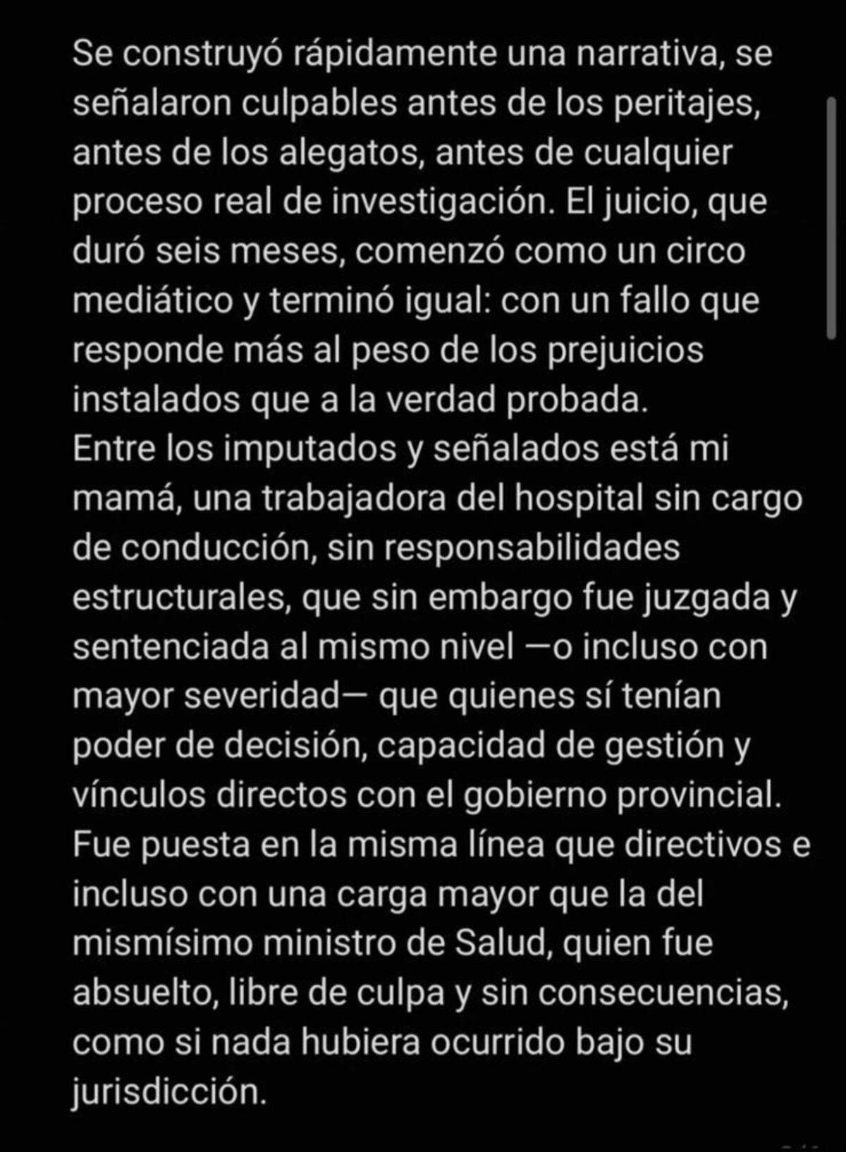 “Una Justicia que no es para todos”: el mensaje de la hija de una de las doctoras condenadas del Neonatal.