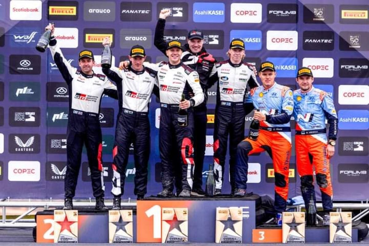 El podio del Rally de Chile con Rovanpera, Evans y Tanak. (Prensa Rally Chile)