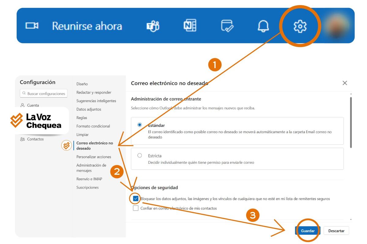La Voz Chequea. Cómo configurar las opciones de seguridad de los correos no deseados en Outlook.