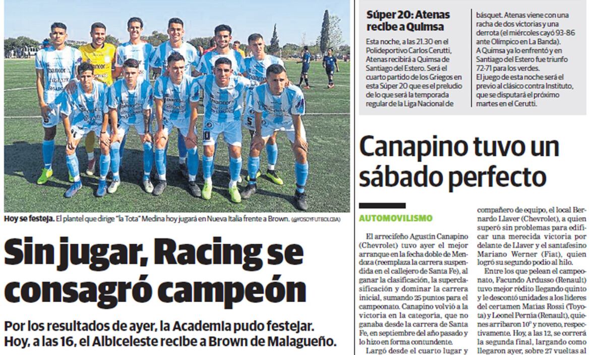 Así reflejaba La Voz aquel título de Racing en 2019. Fue el primer paso para comenzar a levantar cabeza.