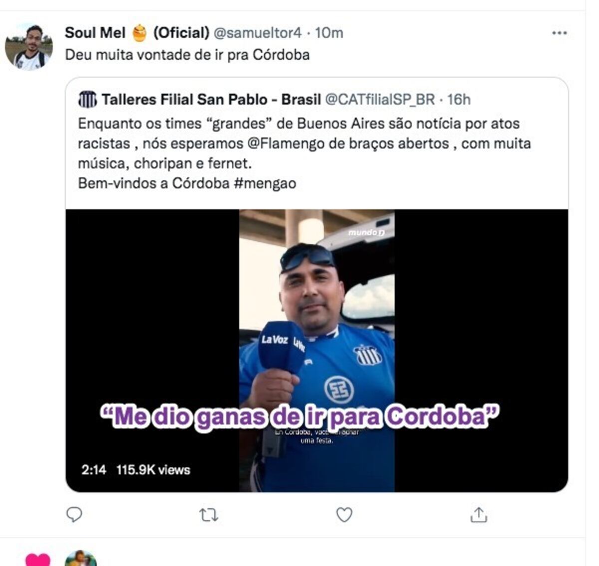 La hinchada de Flamengo elogiando a la de Talleres en redes sociales.