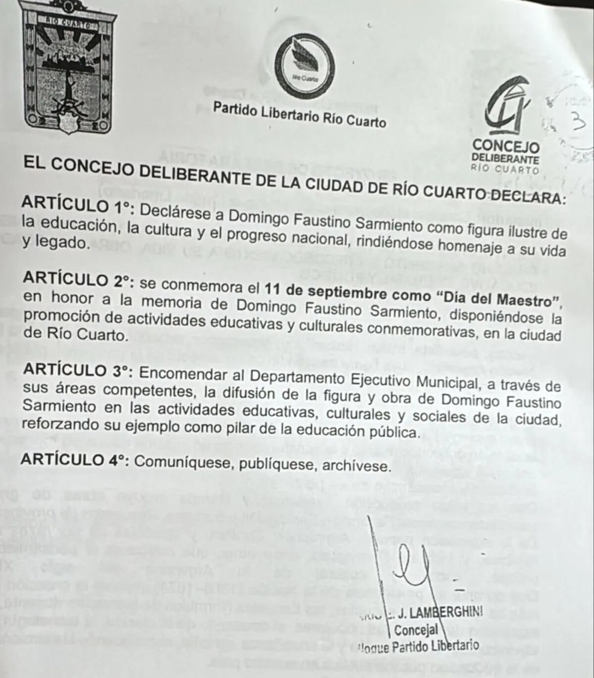 Insólito proyecto en Río Cuarto: un concejal propuso declarar el 11 de septiembre como Día del Maestro