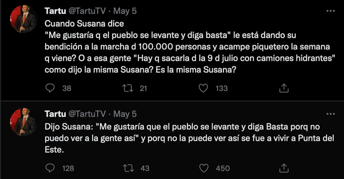 Los tuits de Tartu contra Susana Giménez.