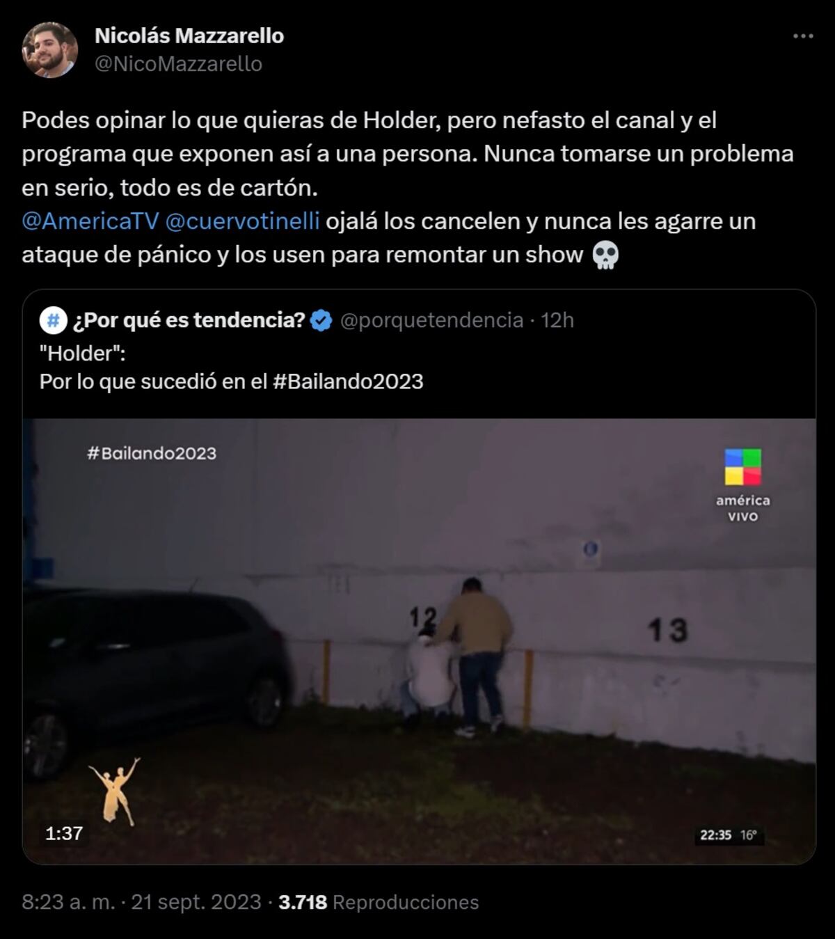 Tomás Holder tuvo un ataque de pánico y en las redes sociales acusaron a Marcelo Tinelli de hacer un show con su salud mental (Captura de pantalla)