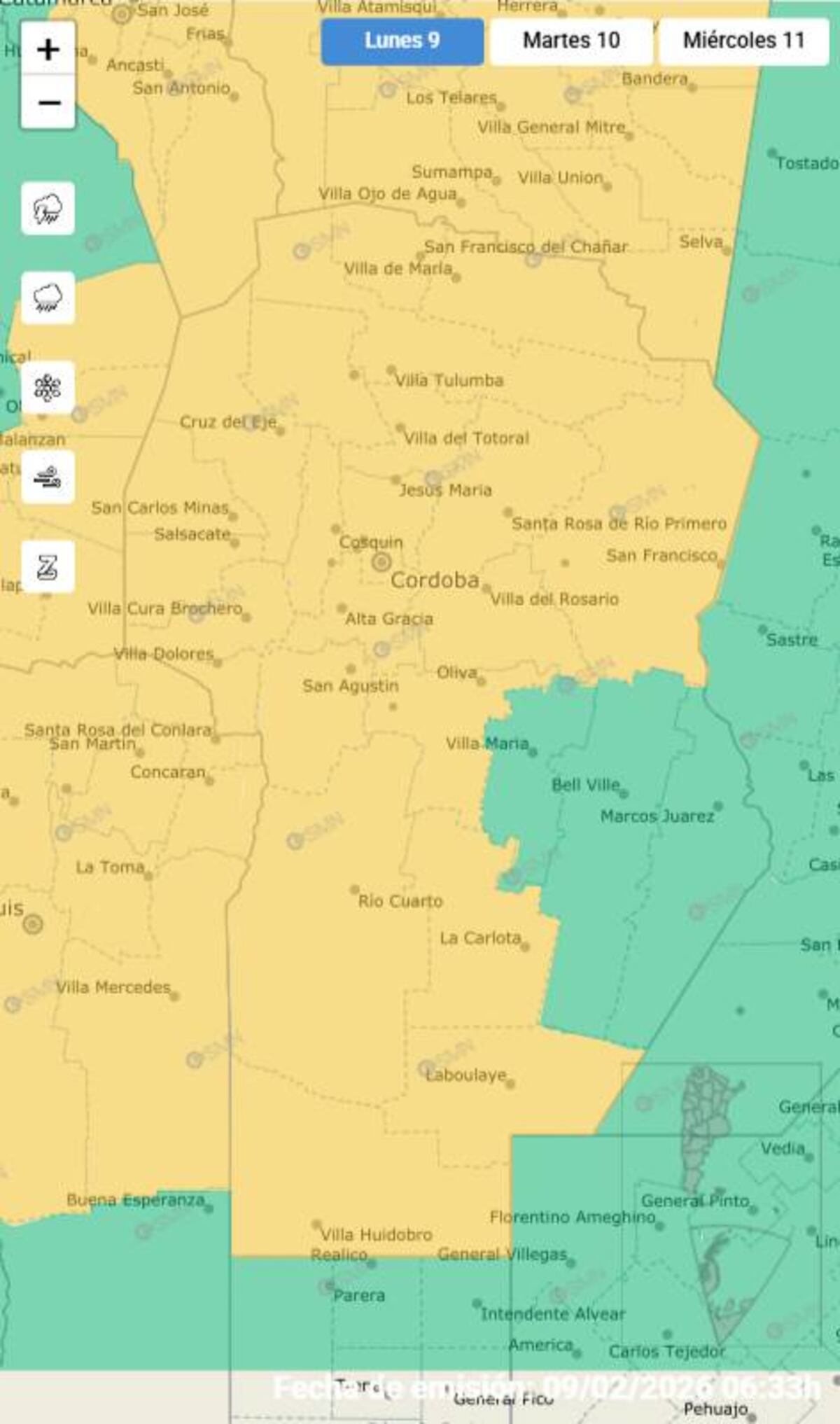 Clima. Alerta amarilla por tormentas para este lunes 9 de febrero. (SMN)