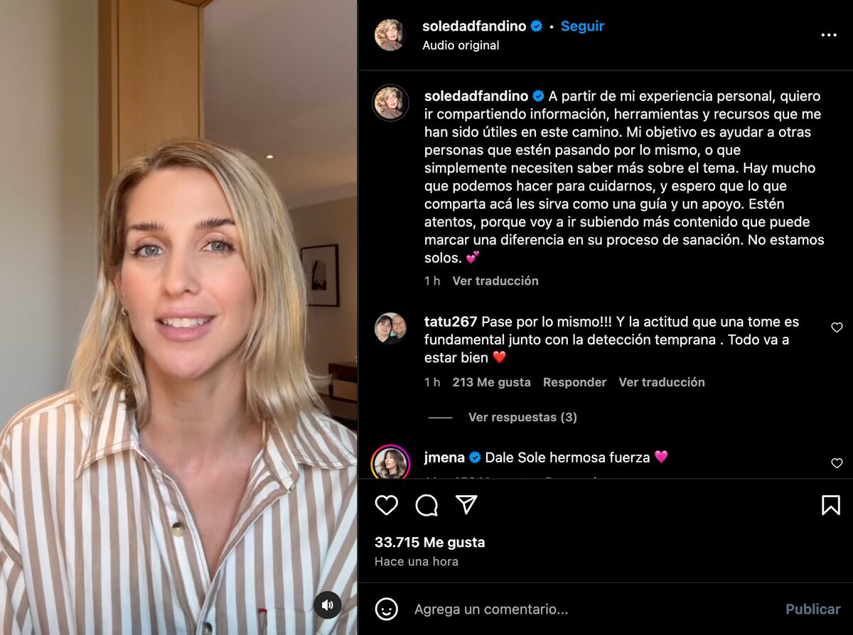 La publicación que compartió Soledad Fandiño en Instagram para contar que fue diagnosticada con cáncer de mama. (Foto: captura de pantalla)