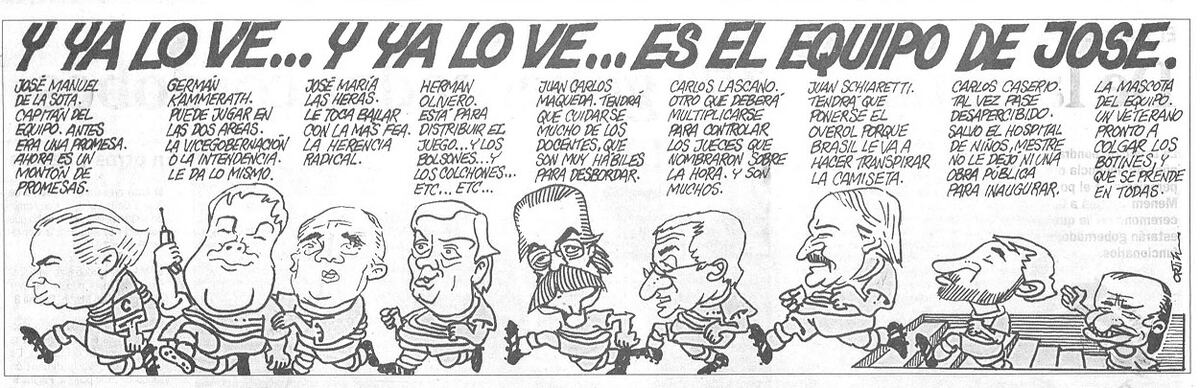 Viñeta de Carlos Ortiz sobre el primer gabinete de José Manuel de la Sota, en 1999