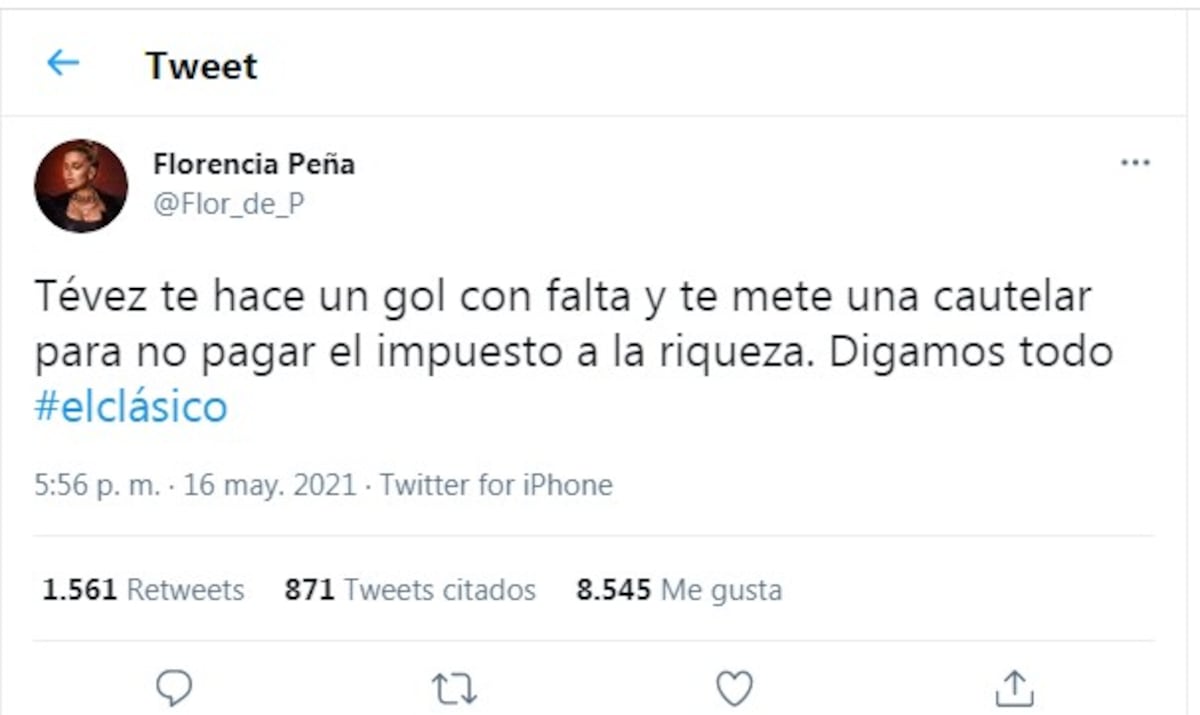 El tuit de Flor Peña en el que le pegó durísimo a Carlos Tévez. (Twitter @Flor_de_P)