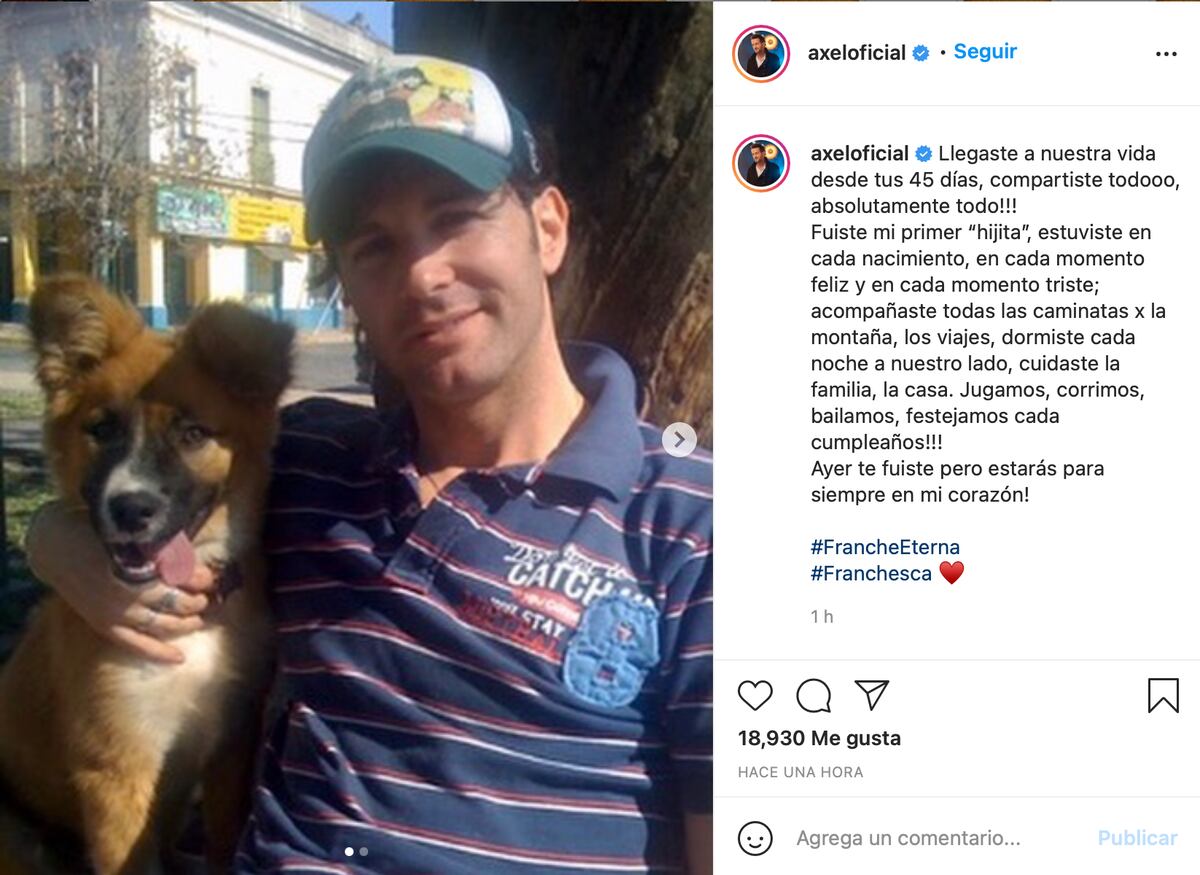 El posteo de Axel en Instagram para despedir a Franchesca, su perrita.
