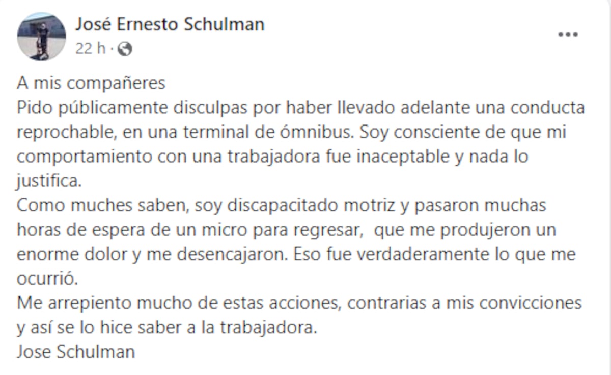 El pedido de disculpas de José Ernesto Schulman.