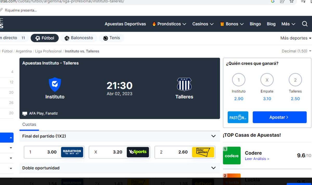 En Europa el partido se jugará de noche, aunque en Alta Córdoba sean las 16.30. No hay un favorito marcado, pero la victoria de Talleres es lo que menos paga.