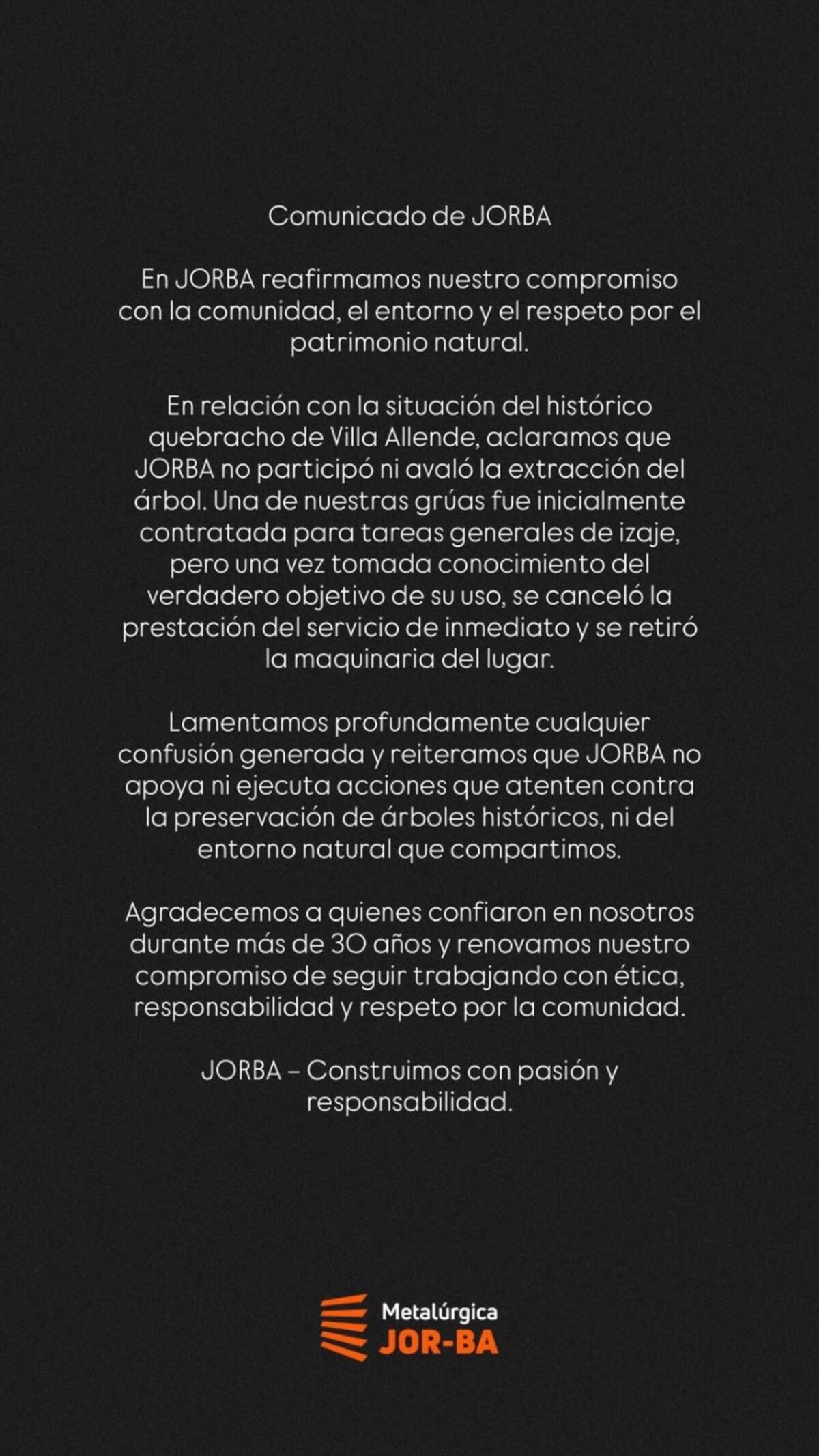 Comunicado de la empresa Jorba. (Captura)
