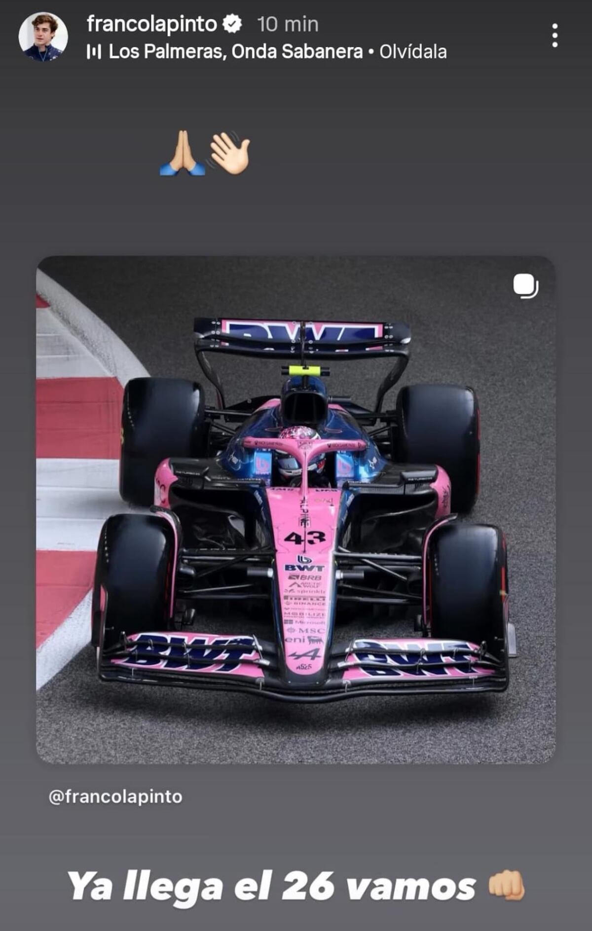 El llamativo posteo de Franco Colapinto para despedir su primera temporada de Fórmula 1 con Alpine. (Captura)