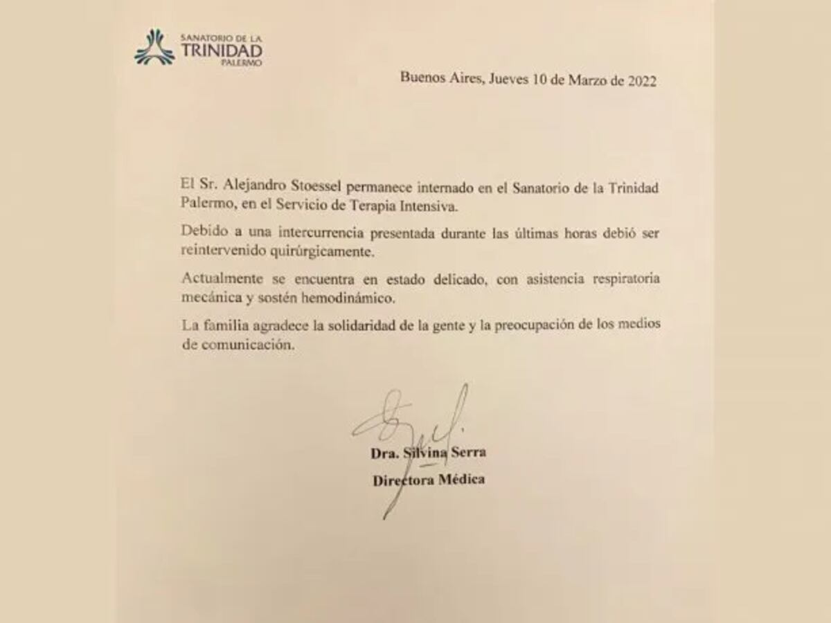 El parte médico sobre la salud de Alejandro Stoessel.