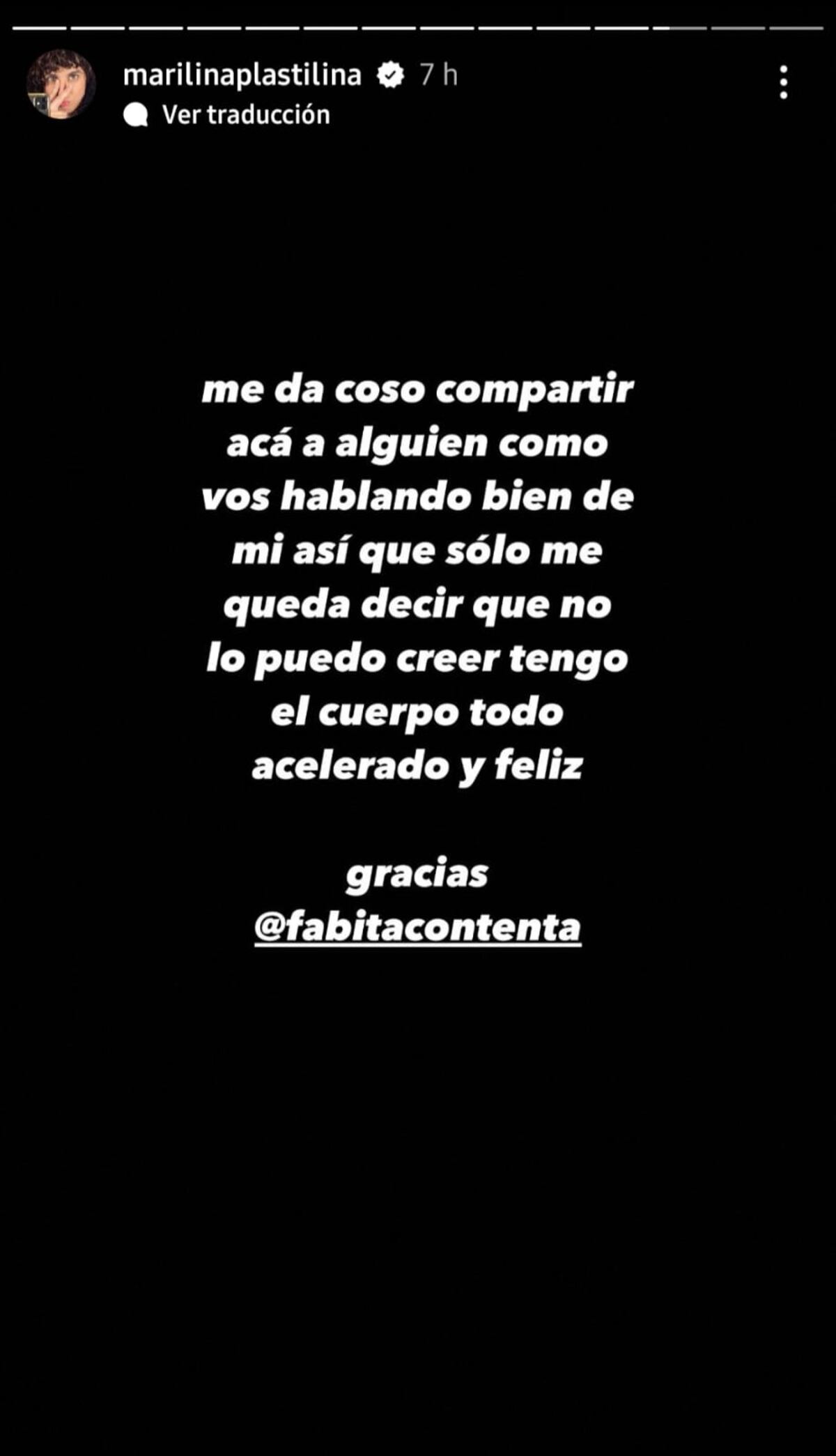 Marilina Bertoldi se emocionó con el mensaje que recibió de Fabiana Cantilo (Captura de pantalla)