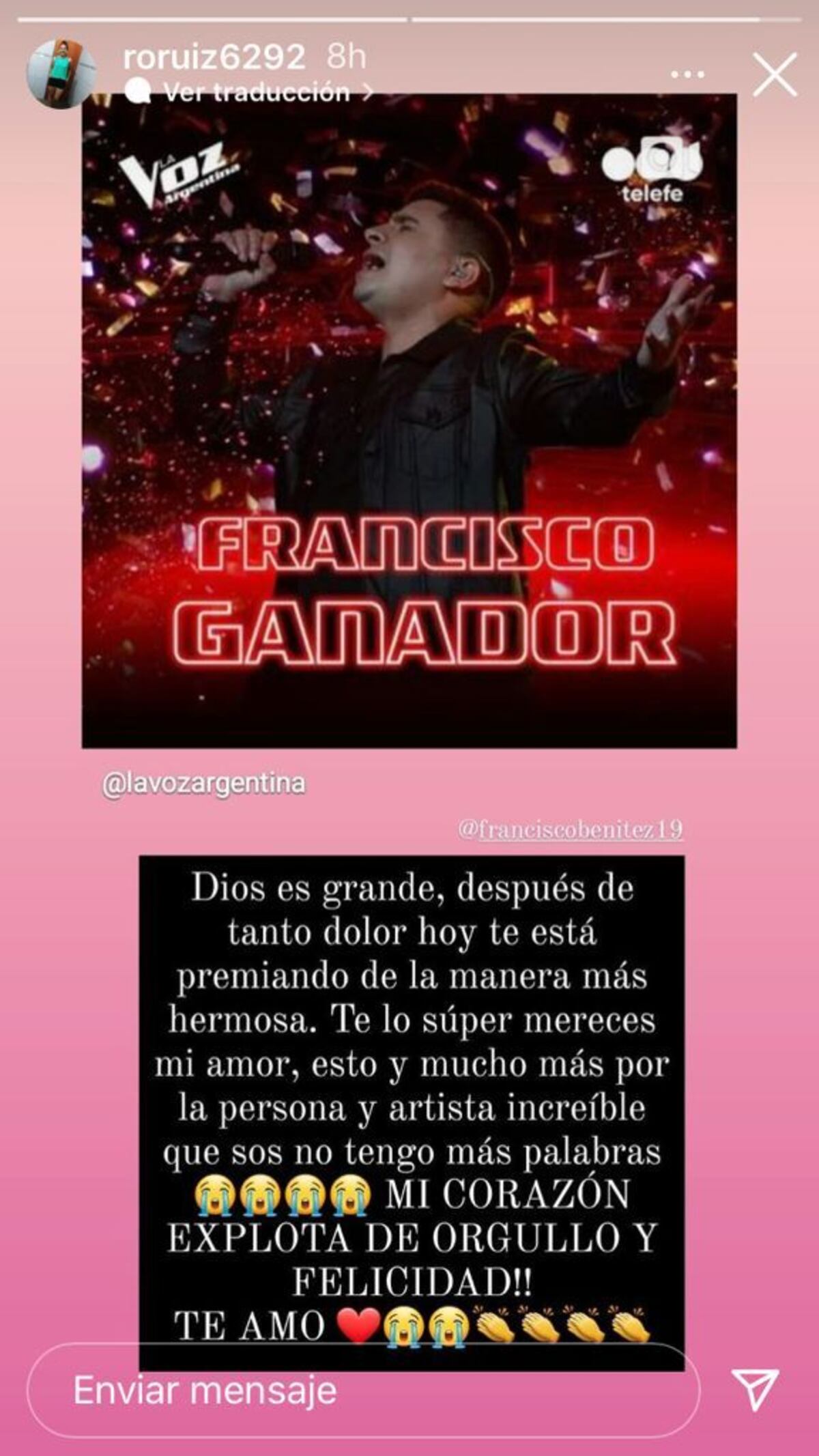 Francisco Benítez, ganador de La Voz, y los mensajes de su novia.