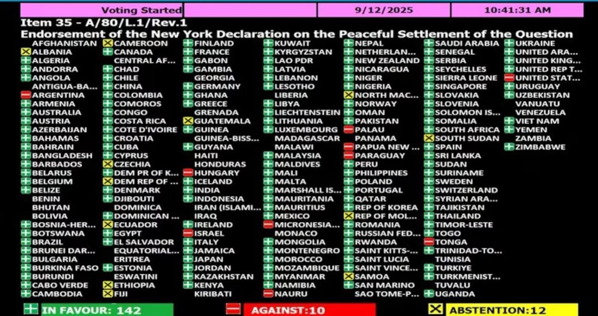 La ONU aprobó la solución de dos Estados para Palestina e Israel: Argentina votó en contra (Gentileza)