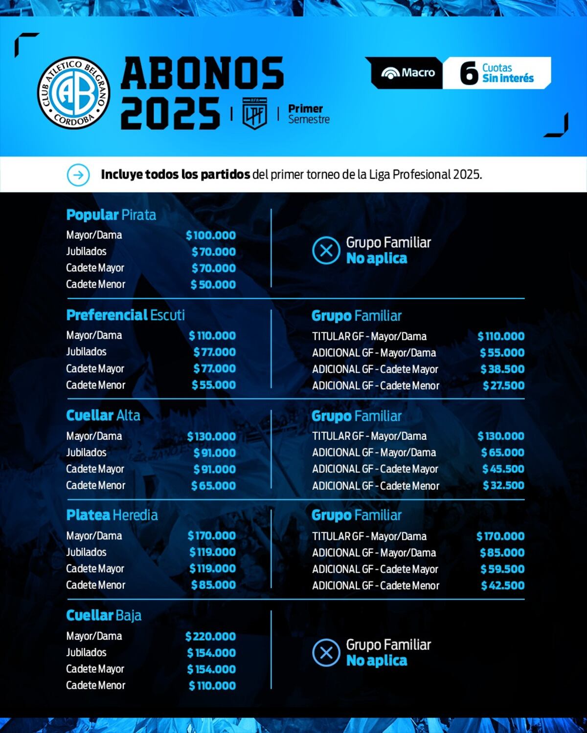 Abonos para el primer Torneo de la Liga 2025 del Club Atlético Belgrano.