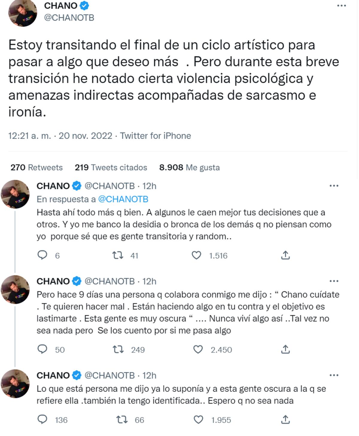 El mensaje de Chano que preocupó a sus fans. (Twitter @CHANOTB)