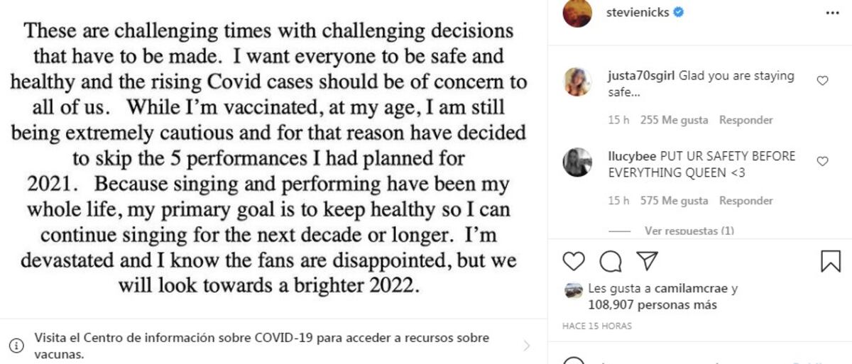 El comunicado de Stevie Nicks. (Instagram @stevienicks)