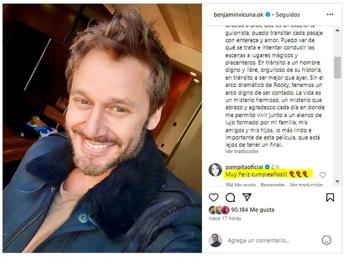 El comentario de Pampita en la publicación de Benjamín Vicuña por su cumpleaños. (Foto: captura de pantalla)