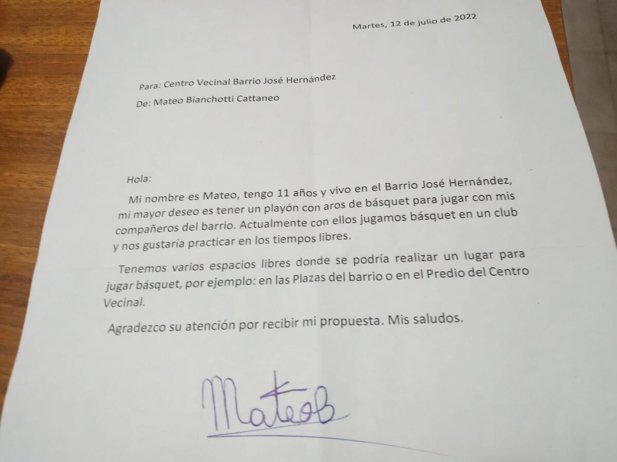 El pedido de Mateo para tener su canchita de básquet en San Francisco.
