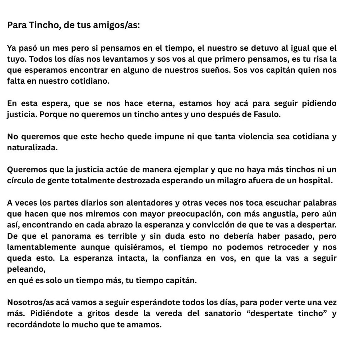 “Despertate Tincho”: a un mes del brutal ataque a Martín Cáceres, sus amigos le dedicaron unas palabras. (La Voz)