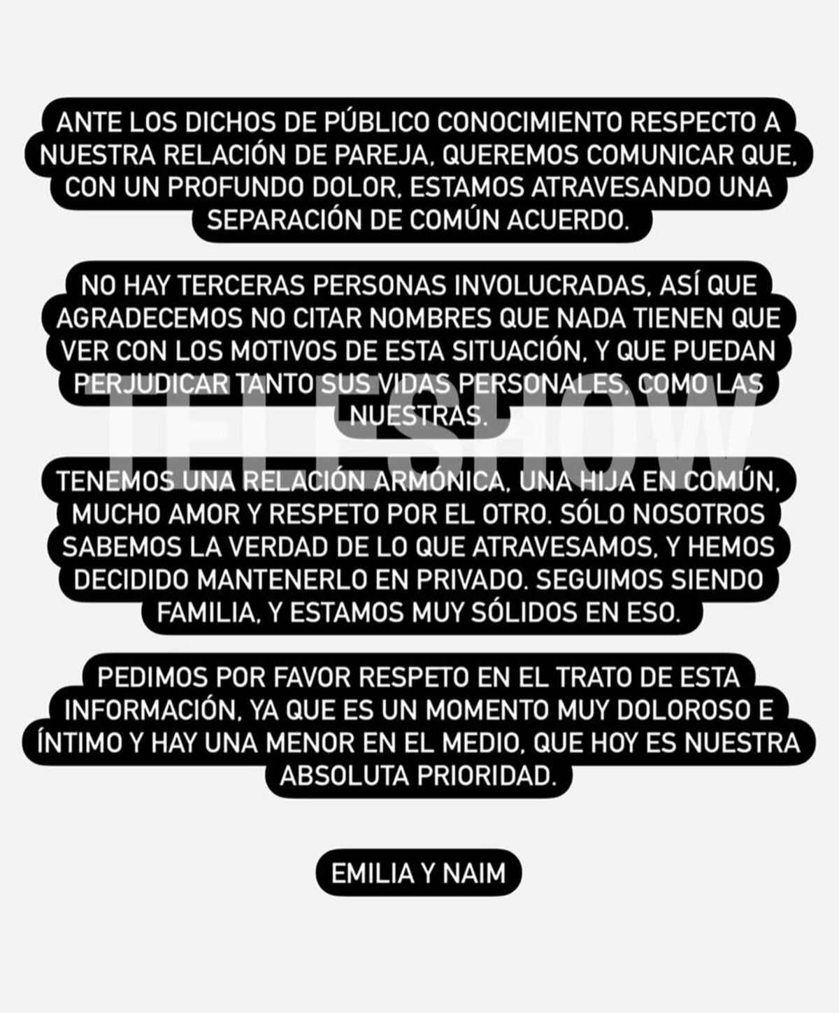 comunicado de Emilia Attias y el Turco Naim para Teleshow