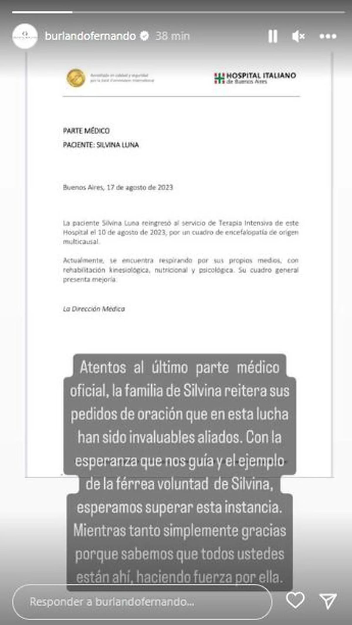 El último parte oficial que se emitió sobre la salud de Silvina Luna. (Foto: Instagram Fernando Burlando)
