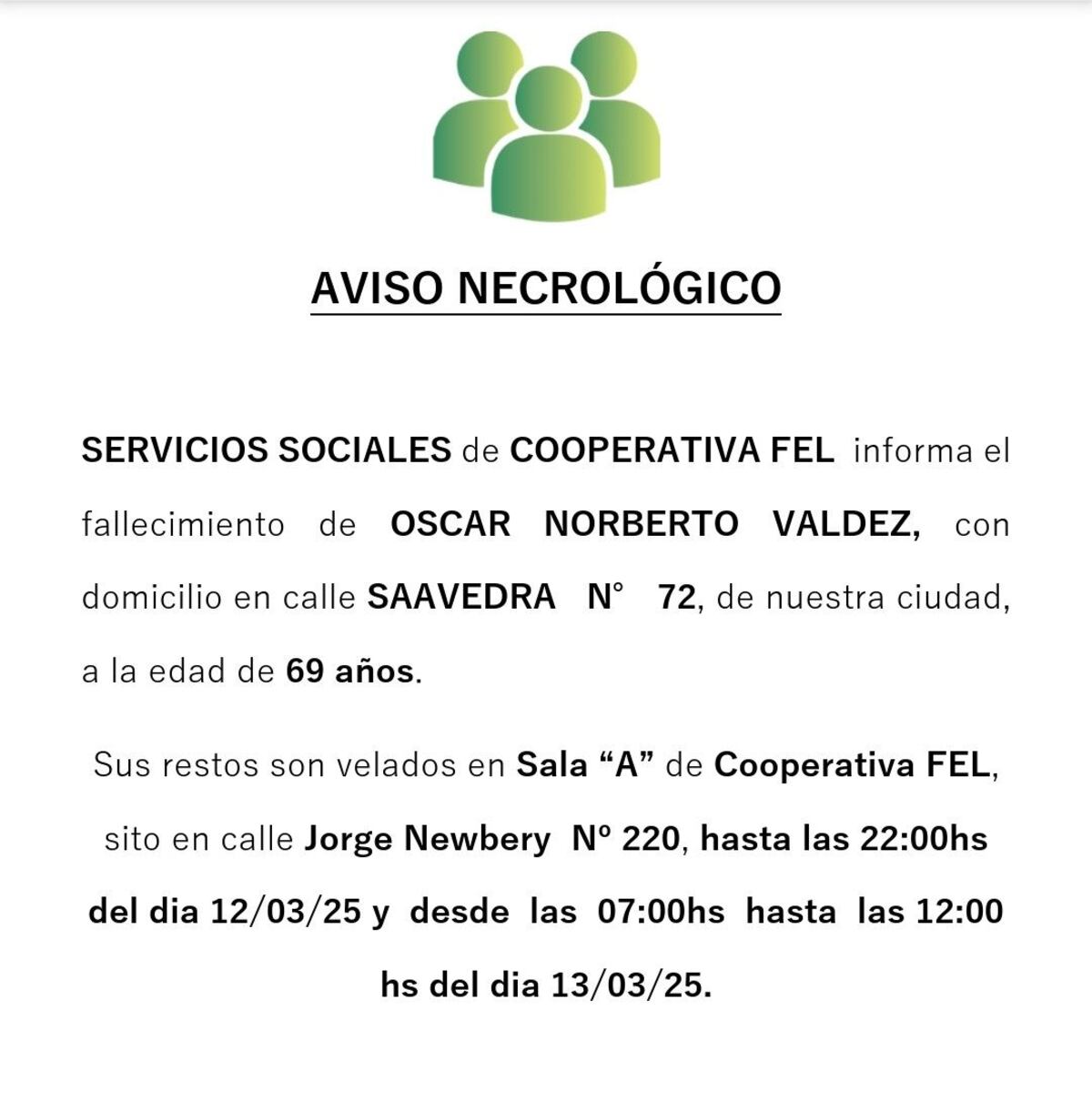 Laboulaye. El velatorio se realiza en cooperativa FEL.