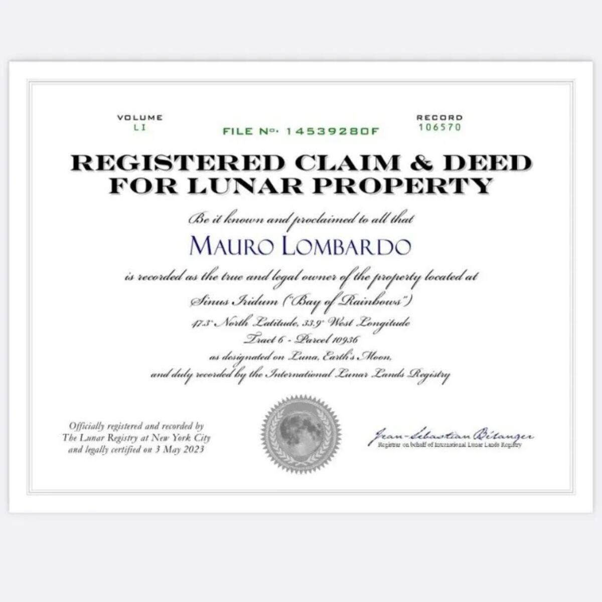 El certificado que demuestra que Duki es dueño de una parte de la luna. (Foto: web)
