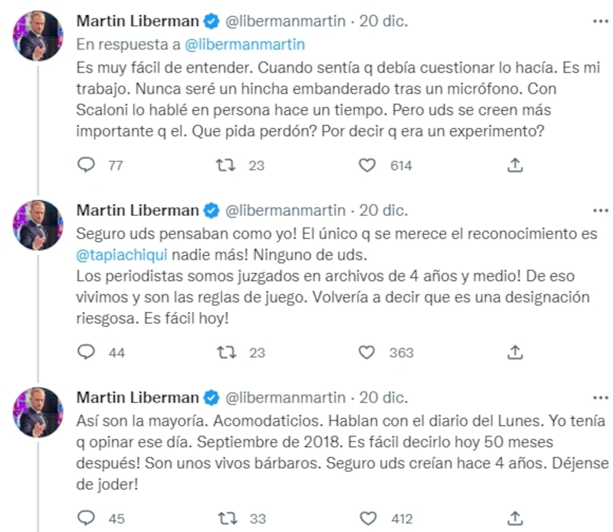 Martín Liberman emitió una catarata de tuits para responder a todas las críticas. (Collage web)