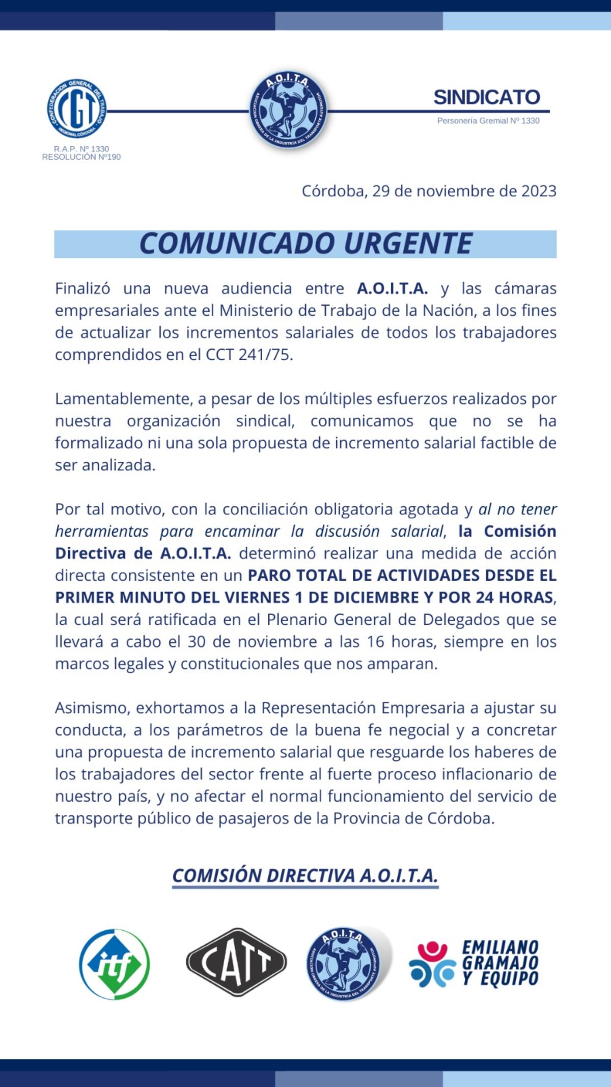 Paro. El comunicado completo de Aoita.
