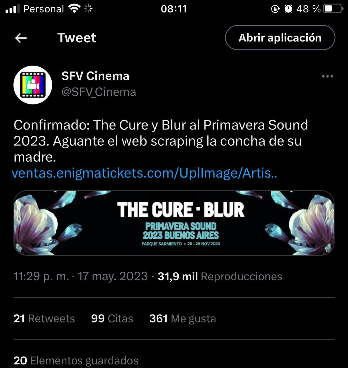 Un usuario de Twitter descubrió que The Cure y Blur serán los números centrales del Primavera Sound 2023. (Captura)