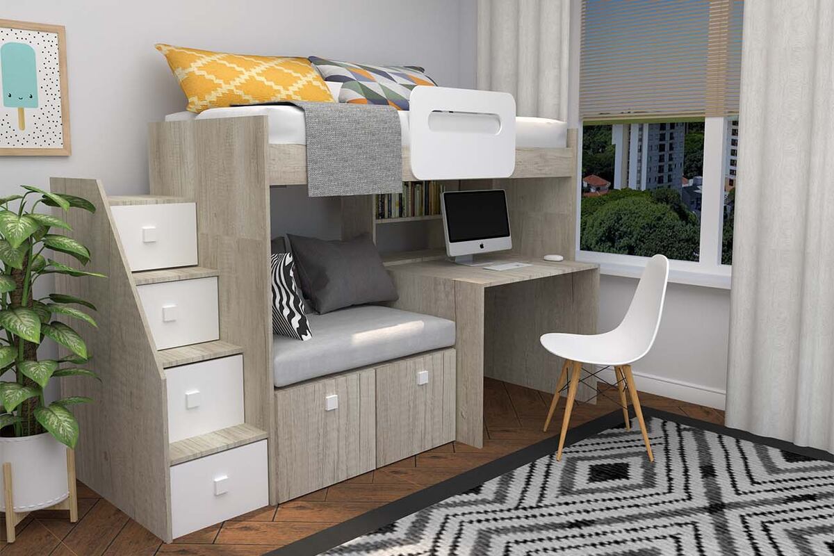Todo en uno. La cama en altura da lugar a un espacio de guardado importante, y deja espacio para un escritorio práctico con lugar para la computadora.