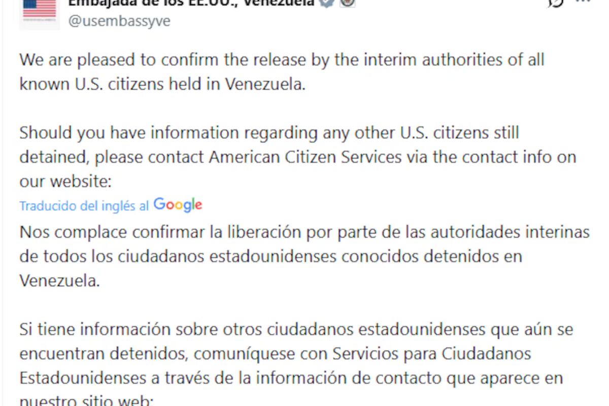 Detenidos en Venezuela: Estados Unidos confirmó que liberaron a todos sus ciudadanos detenidos. (Foto: gentileza)