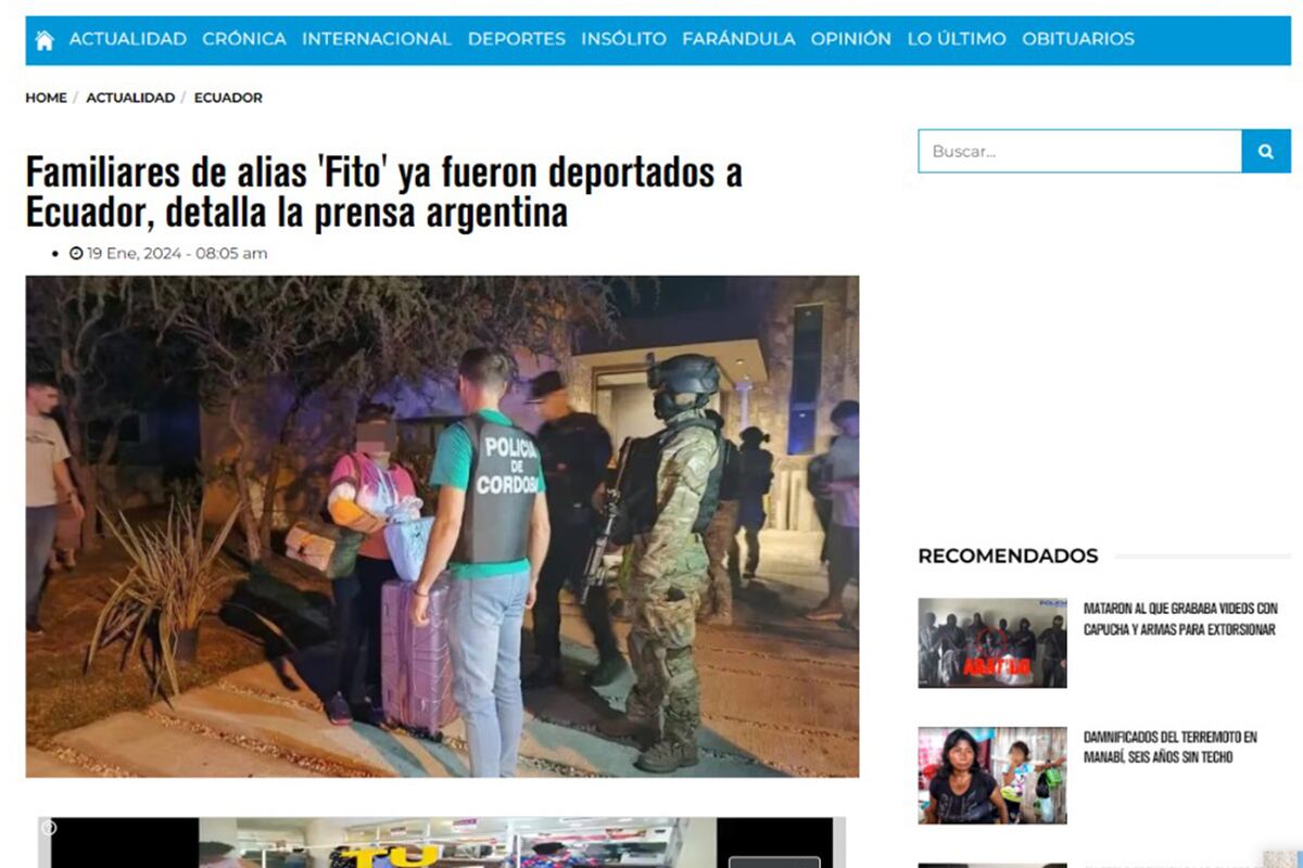Medios ecuatorianos reflejan la noticia de la detención en Córdoba de familiares de Fito Macías. (Captura de pantalla)