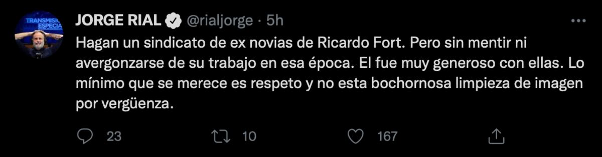 Jorge Rial apuntó contra Virgina Gallardo en Twitter