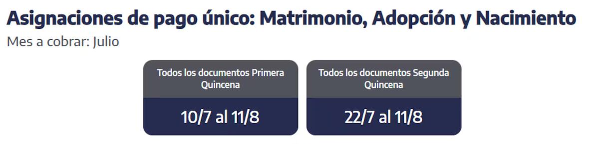 Fechas de cobro asignaciones de plan único. Captura sitio web Anses.
