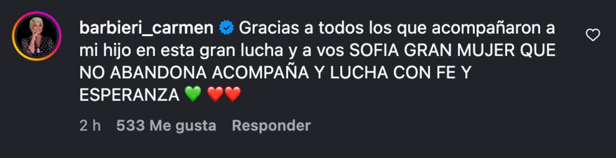 La respuesta de Carmen Barbieri a la publicación de su hijo Federico. (Foto: Captura de pantalla)