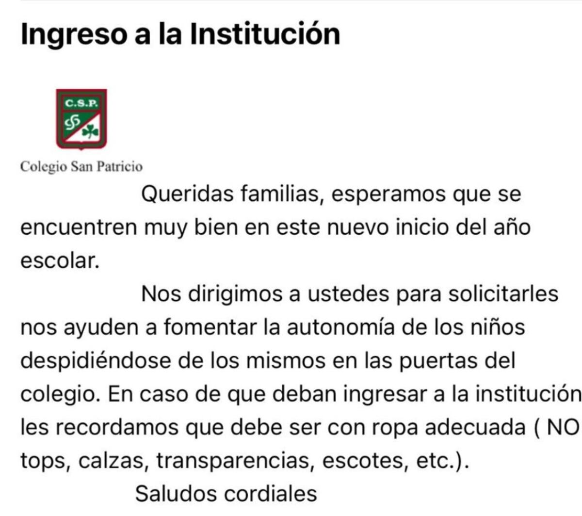 “No tops, calzas, transparencias o escotes”: el pedido de un colegio a padres de alumnos que ingresan a la institución (Captura).